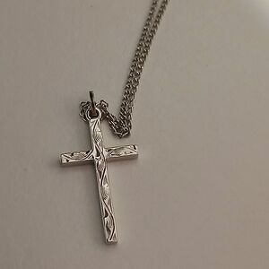 Vintage Lestage Engraved Sterling Cross And Chain